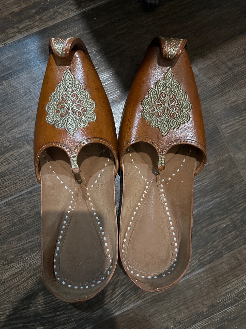 Brown Leather Men’s  Slip-On Shoes with Gold Embroidery